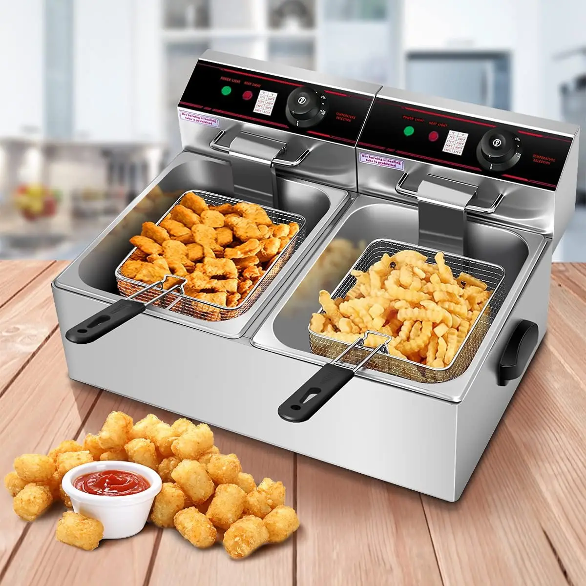 ^3400W Commercial Deep Fryer Dual Tank, 12.8QT Stainless Steel Electric Deep Fryer with 2 Baskets, Lids and Temperature Control