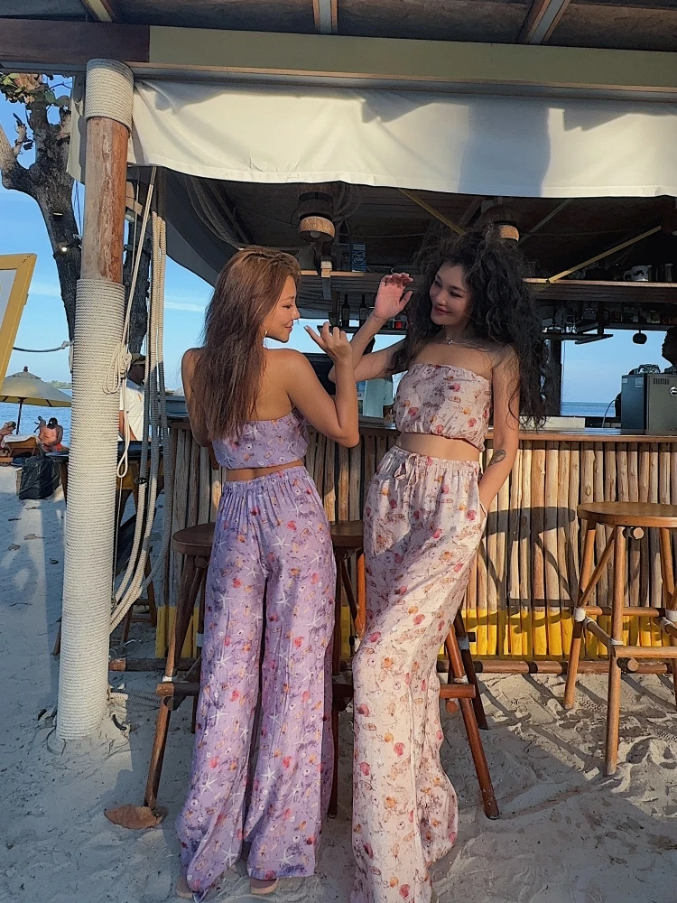 

DuanStyle Ocean Print Halter Neck Elastic Waist Long Pants Two-Piece Set Women's Fashion Summer Collection Polyester Fabric