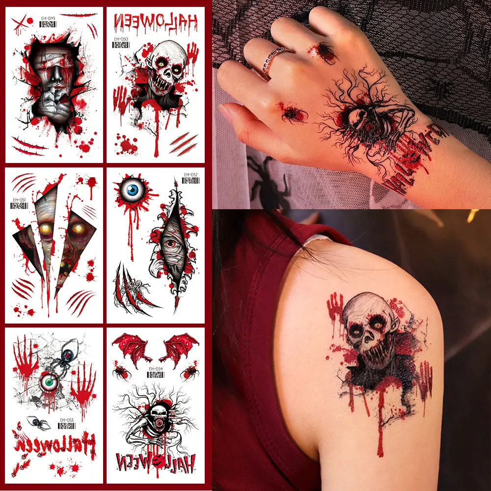 6pcs Halloween Waterproof Tattoo Stickers Skull Head And Eyes Suitable for Men And Women Hands Body Face Makeup Temporary Tattoo