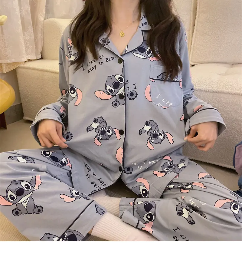 New Stitch Disney Faux Cotton Pajamas Spring Autumn Cartoon Female Pyjamas Kawaii Suit Long Sleeves Winter Cosplay Accessories