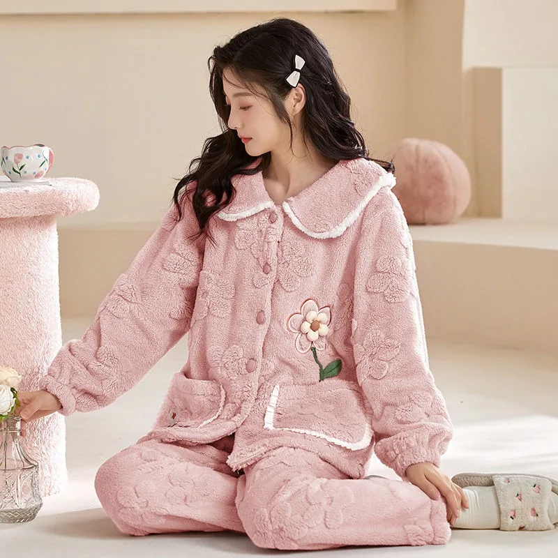 Coral Velvet Pajamas Women Winter Thickened Velvet Padded Sweet Sleepwear Sets Female Flannel Warm Loose Loungewear Suit 2024