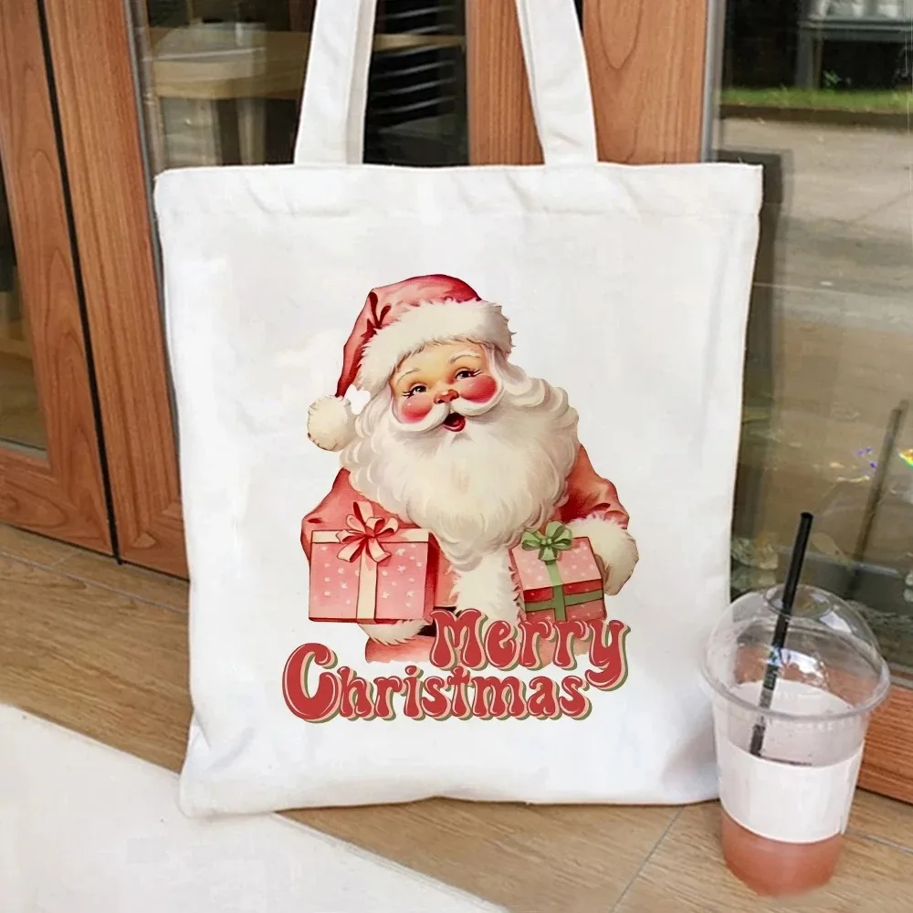 

Christmas Printed Canvas Tote Bags Vintage Santa Claus Snowman Christmas Tree Gingerbread Man Patterns Holiday Gift Bag