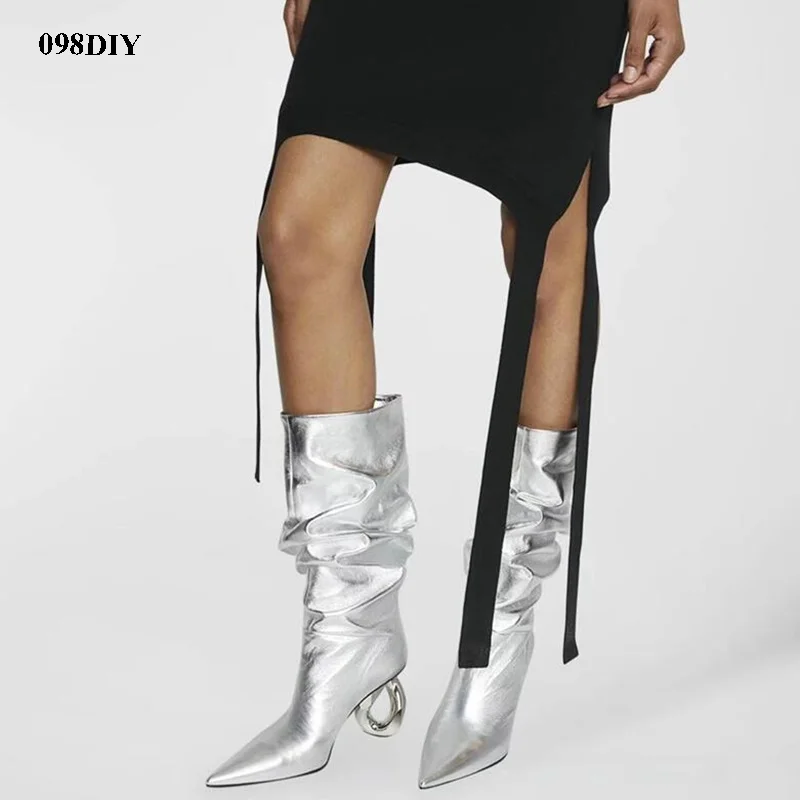 

Chain Heeled Pointed Toe Long Boot Pointy Toe Silvery Cutout High Heel Slouchy Boots Women's Shoes Runway