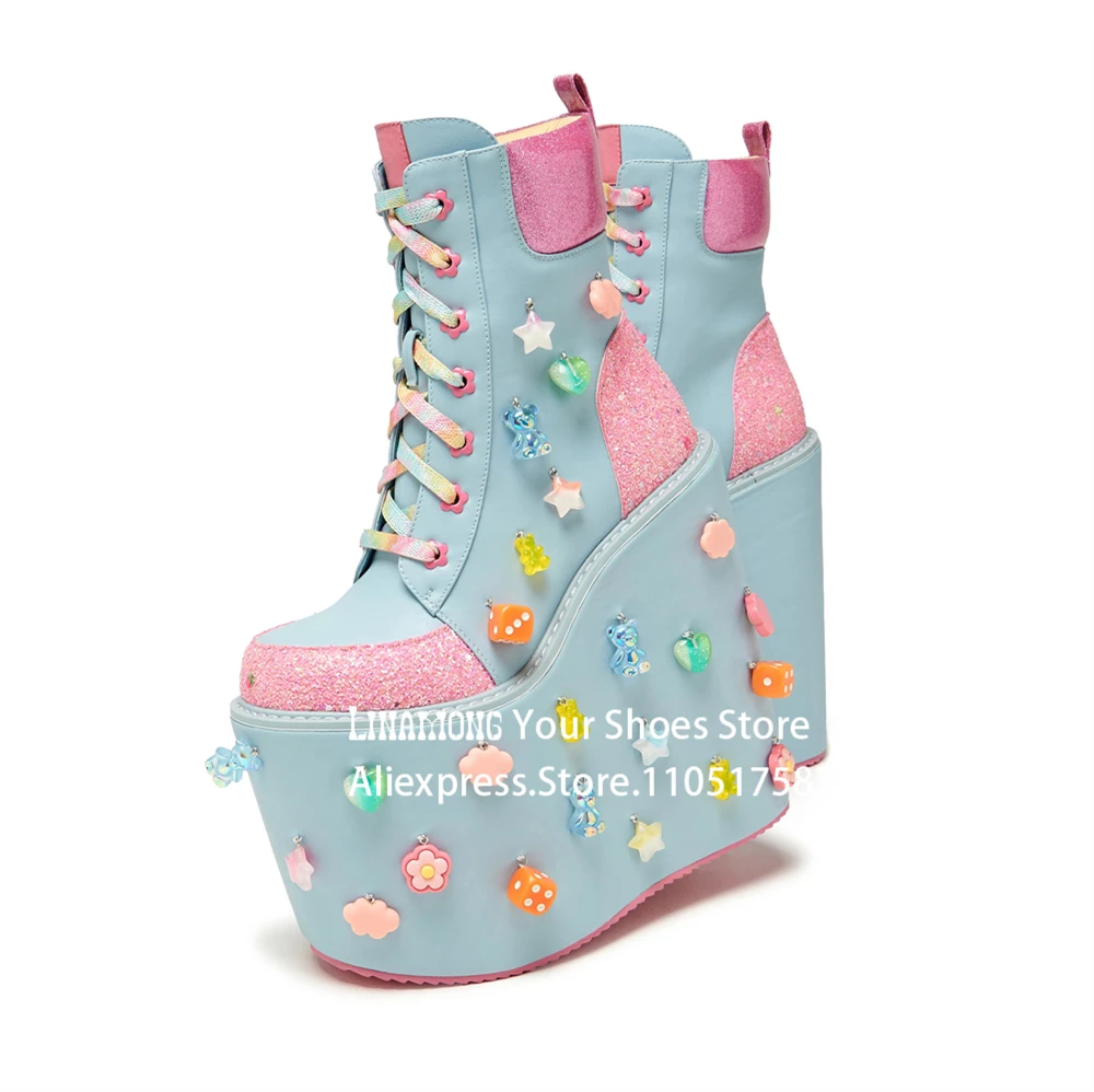 الباستيل الأزرق برج منصات حذاء من الجلد بريق الوردي لوحات الترا عالية مكدسة وحيد الجوارب كامل على مبعثر من السحر Y2k الأحذية