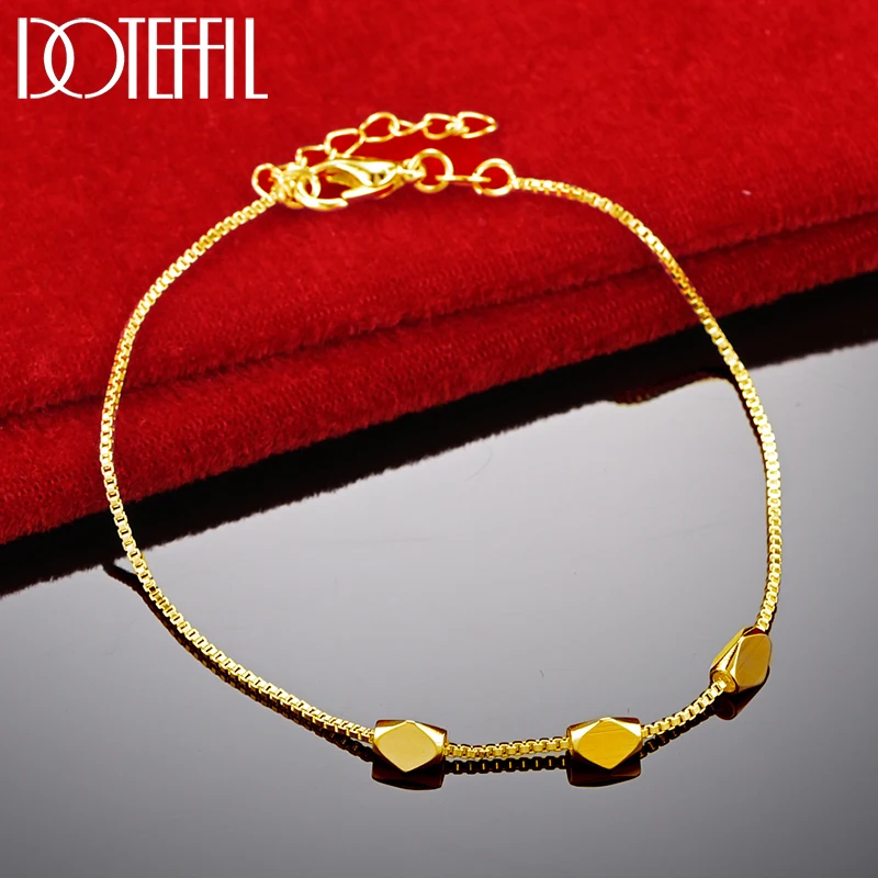 

DOTEFFIL 18K Gold 925 Sterling Silver Three Rhombus Beads Bracelet Box Chain For Women Fashion Wedding Party Charm Jewelry