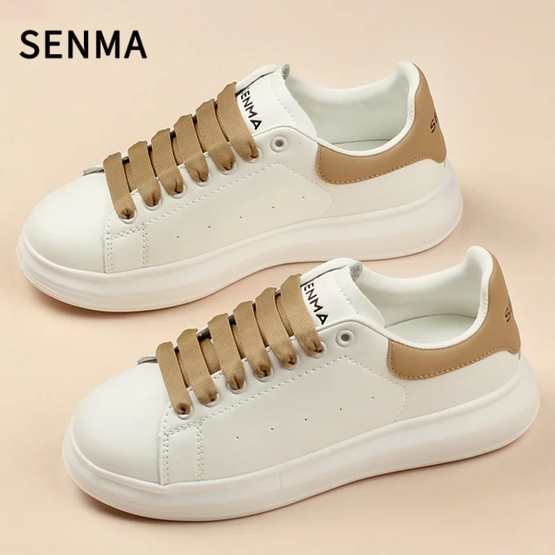 

SENMA luxury Men's Shoes Leather White Sneakers Low Top Women Skateboard Shoes Couple White Tennis Shoes Lace up Casual Shoes