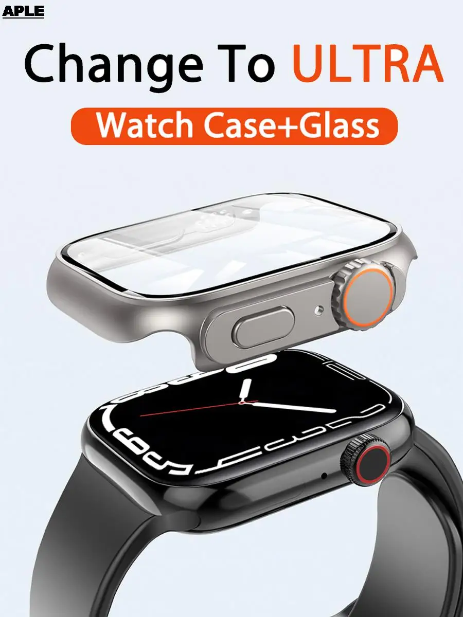 Glass+PC Firm Cover for Apple Watch Case 44mm 40mm 45mm 41mm Appearance Upgrade 49mm Turning into ultra 2 iWatch series 8 7 se 9