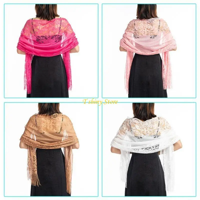 N58F 185x63cm Womens 1920s Scarf Wraps Hollow Out Crochet Floral Lace Fringed Tassels