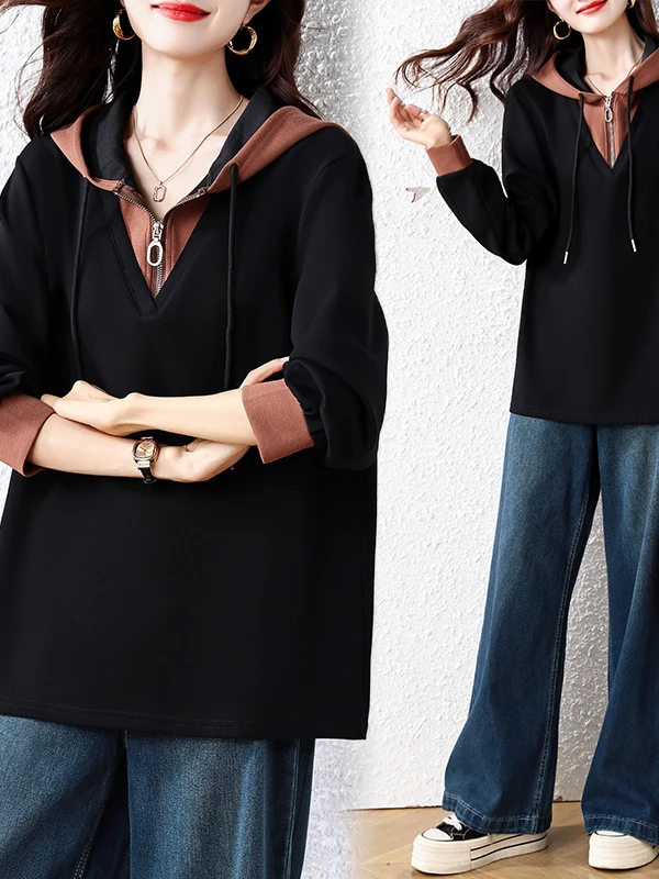 Faionable Color Blo de talla grande Sudadera con capucha para mujer ajuste holgado adelgazante versátil antienvejecimiento primavera otoño Sle versión coreana