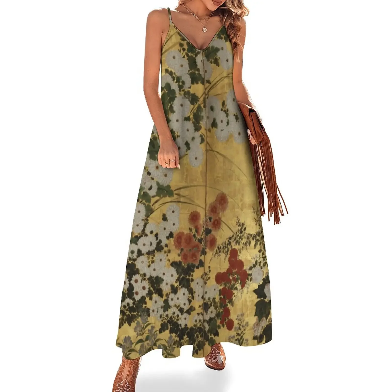 

White Red Chrysanthemums Floral Japanese Gold Screen Print Sleeveless Dress sexy short dresses daring long sleeve dress Dress