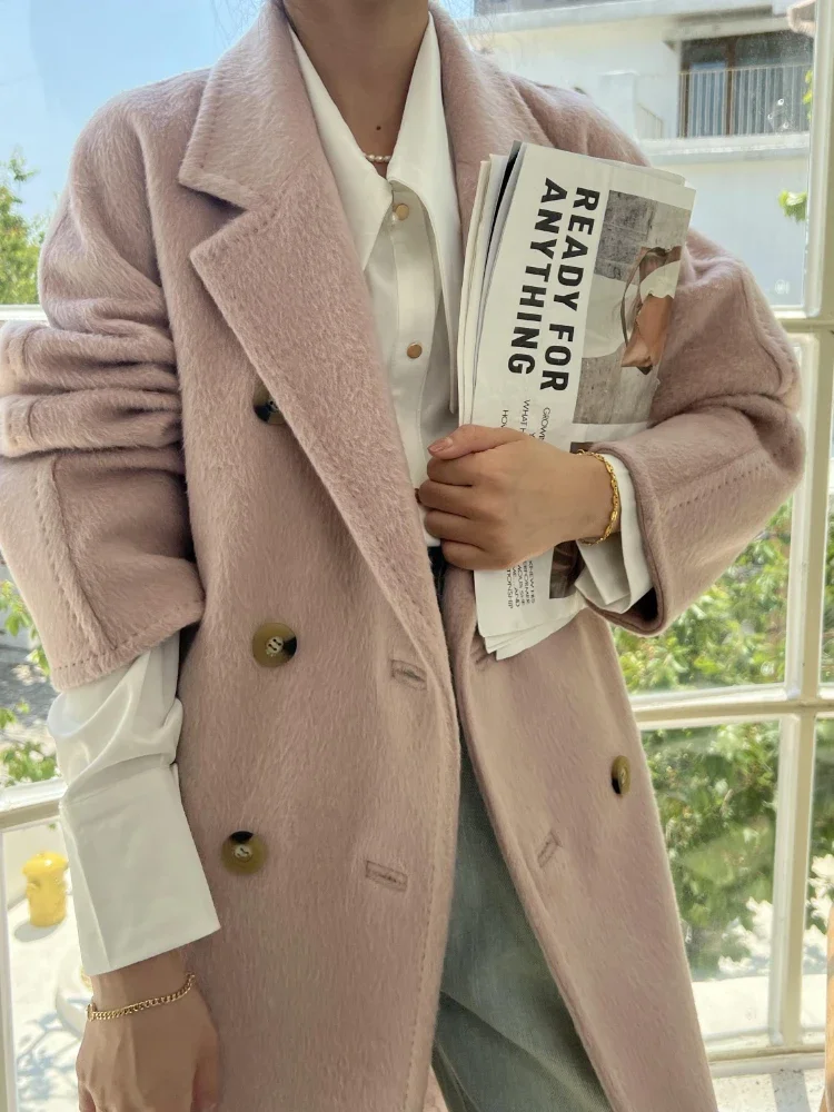 

RosEvans Pink Double-sided Cashmere Coat Women New Korean Loose Lapel Double Breasted Wool Coat Winter New Long Wool Coat Women