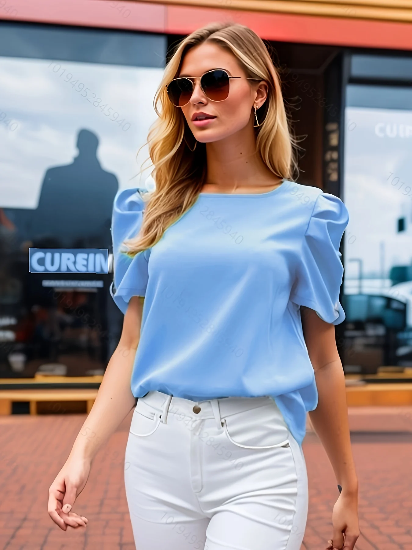 Fashion casual Solid  round neck shirt, elegant pleated Short sleeve Solid Color shirt, Blouse spring and summer, women\'s wear