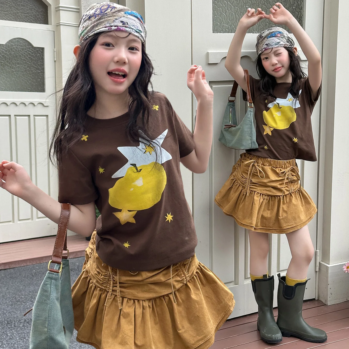High Quality Princess Outfit 2-Piece Set Child Tee Top+Skirt Bottom for Fashion Girls Spring Summer Casual Cute Style Ages 6-14Y