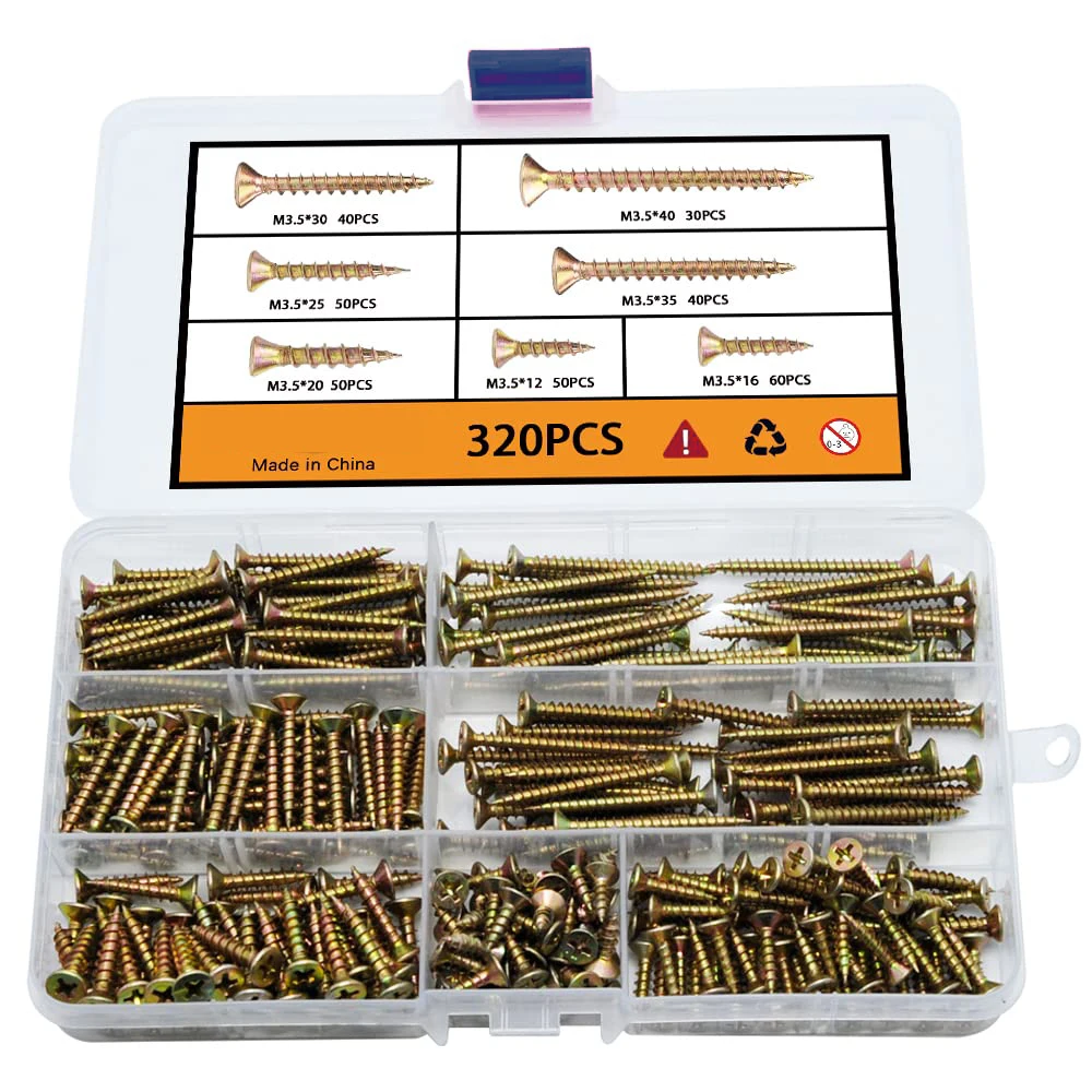 

M3.5 Flat Head Wood Screw Set - 320 pieces, Cross Screwdriver Flat Head Wood Screws, Yellow Galvanized, Suitable for Metal