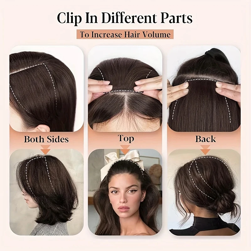 Parches de cabello invisibles con clip para aumentar volumen, extensiones de cabello para cubrir laterales y parte superior para mujer 5