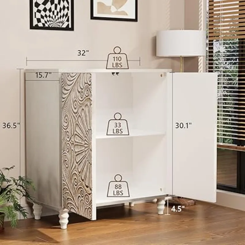 خزانة بوفيه جانبية مقاس 32 بوصة مع مساحة تخزين، وخزانة مميزة مع بابين مغناطيسية قابلة للفتح، وطاولة بوفيه MDF عتيقة