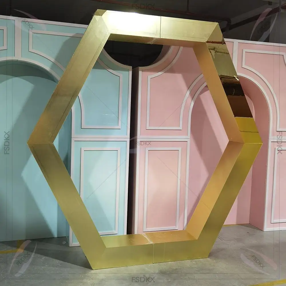 

Hot Sale Events Decor Hexagon Mirror Gold Metal Backdrop Stand Arch for Wedding Party