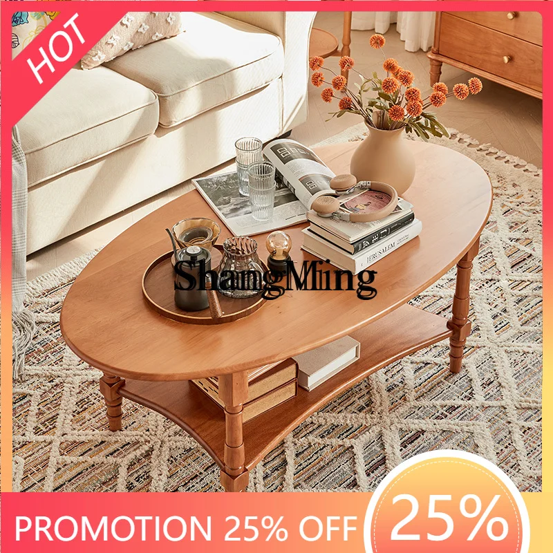 

FG Retro Coffee Table Cherry Wood Small Apartment Solid Wood Round Double Layer Vintage Style Living Room Home Use Mobile