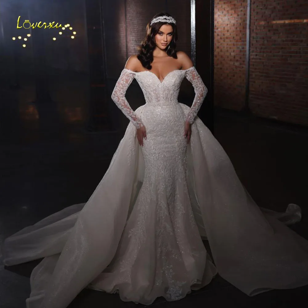 

Loverxu Mermaid Sexy Wedding Dresses For Women Detachable Train Vestido De Novia Lace Embroidery Luxury Custom Made Bridal Gown