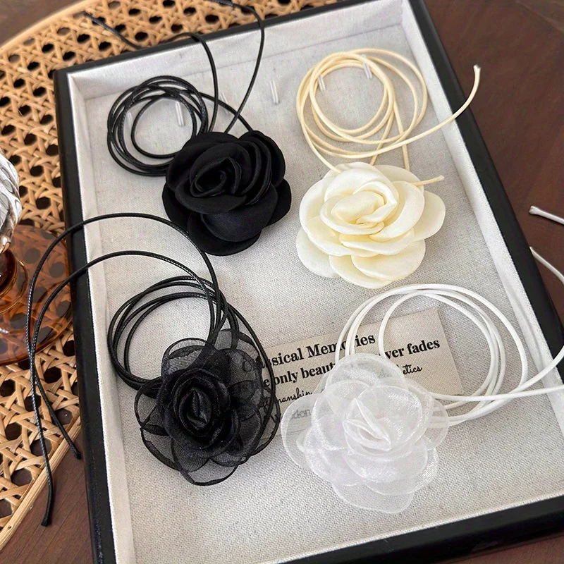 4pcs Trendy Rose Flower Choker Neck Floral Collar Necklace Camellia Flower Wax Rope Neck Chain Lady's Fashion Accessories