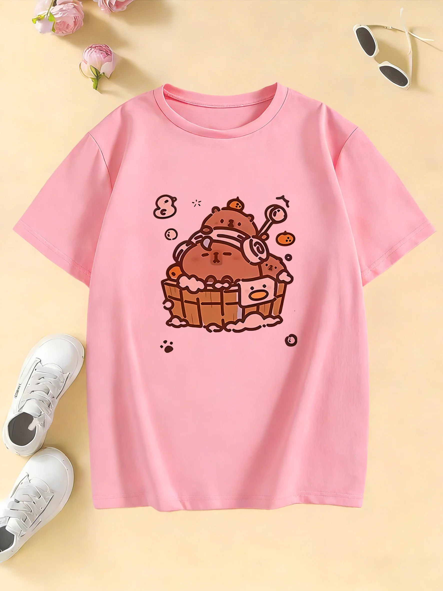 Cartoon Capybara Short Sleeve T Shirts Manga Kids Children's T-shirt Boys Girls Summer Spring Casual Top Tee Shirt