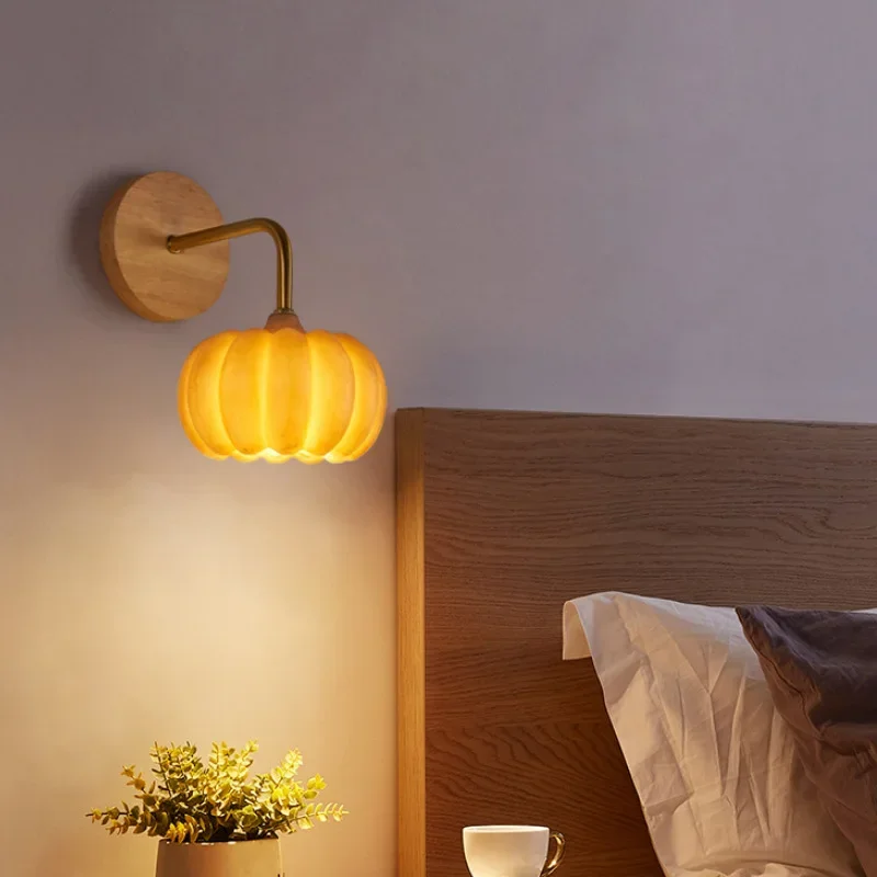 

Pumpkin Japanese Wall Lamp Designer Creative Bedroom Bedside Log Wall Sconce Led Lights Background Wall Resin LED Room Decor