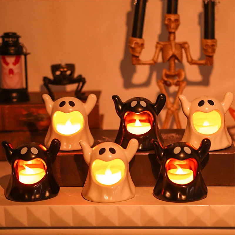 2Pcs Halloween Ghost Night Lights Flameless LED Candle Holder Lamp Battery Operated For Halloween Party Decoration