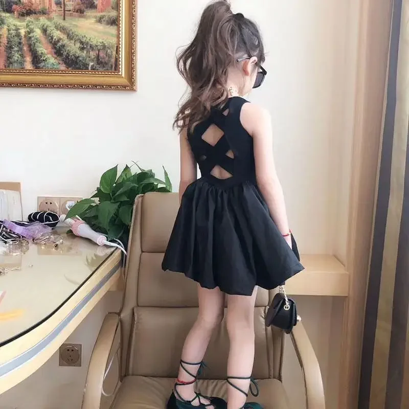 2-8 Years Girls Elegant Goth Dresss Summer Black Little Princess Dress Backless Off Shoulder Party Kids Dress Children Clothing