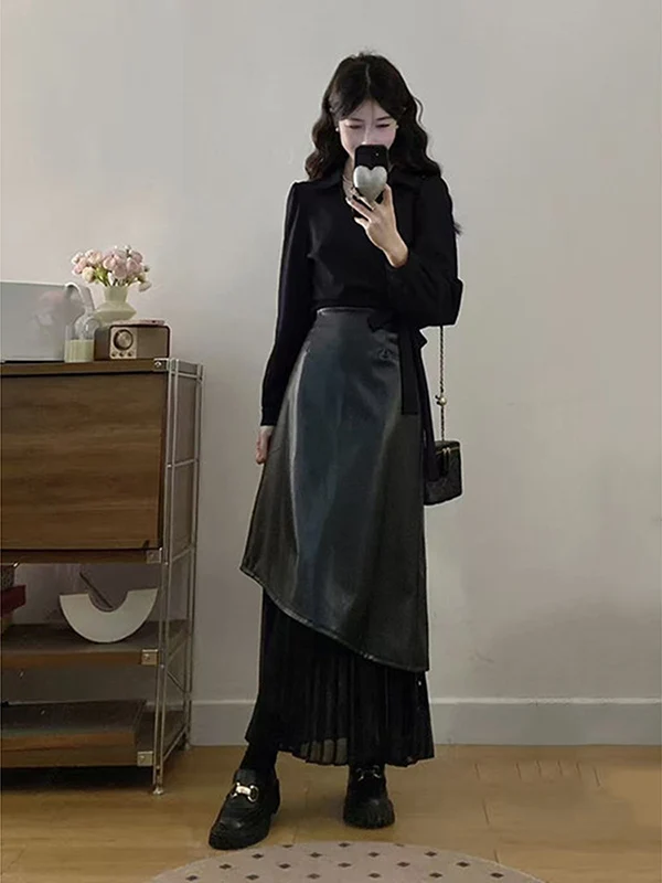 

plus Size Women's Black PU Leather Shirt And Skirt Two Piece Set Slimming Early Spring Fashion High Waist Midi Skirt