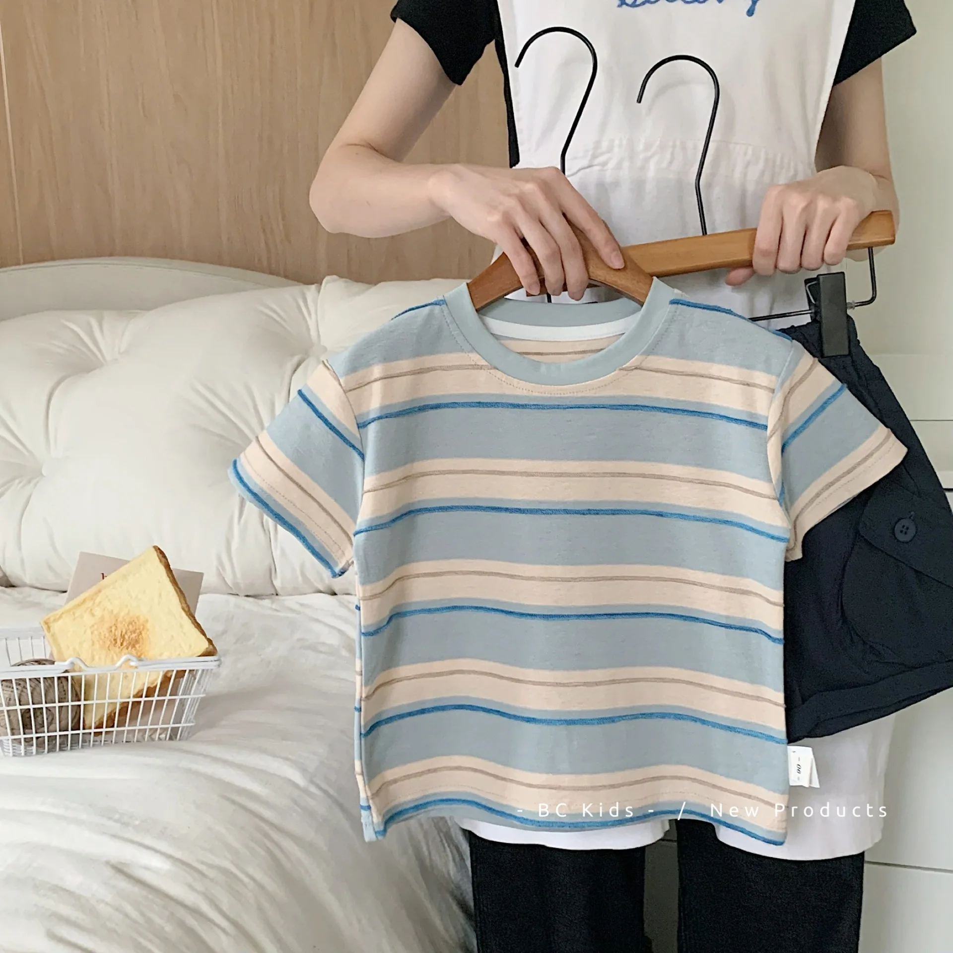 

2025 Summer New Boys' and Girls' Striped Short Sleeve Top Cotton Casual Korean Style Simplicity