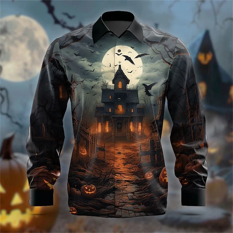 2024 New Men\'s Halloween Fashion Shirt 3D Devil Pumpkin Print Long Sleeve Halloween Street Buttoned Single Breasted Shirt S-5XL