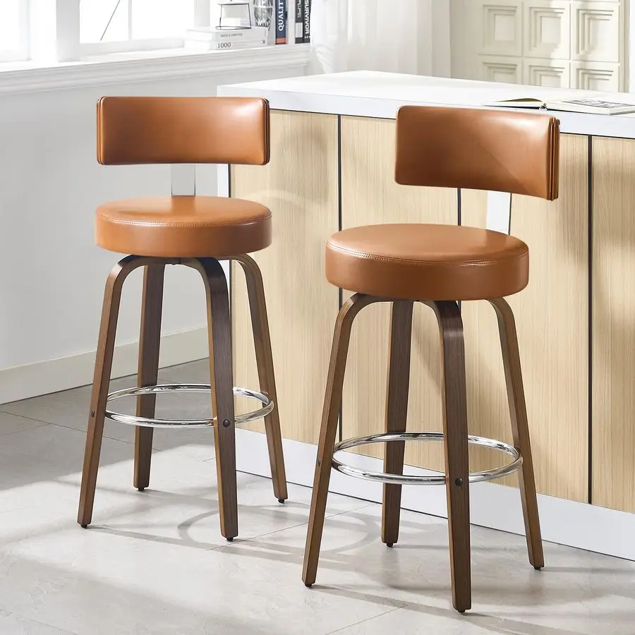 

Swivel Counter Height Bar Stools Set of 2, Faux Leather Kitchen Stools Upholstered Barstools with Back, Walnut Wood Legs, Mid Ce