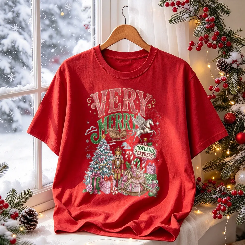 Very Merry Toyland Express Graphic Tee Nutcracker Christmas Tree Candy Cane Pegasus Rocking Horse Gift  Xmas Holiday Casual Tops