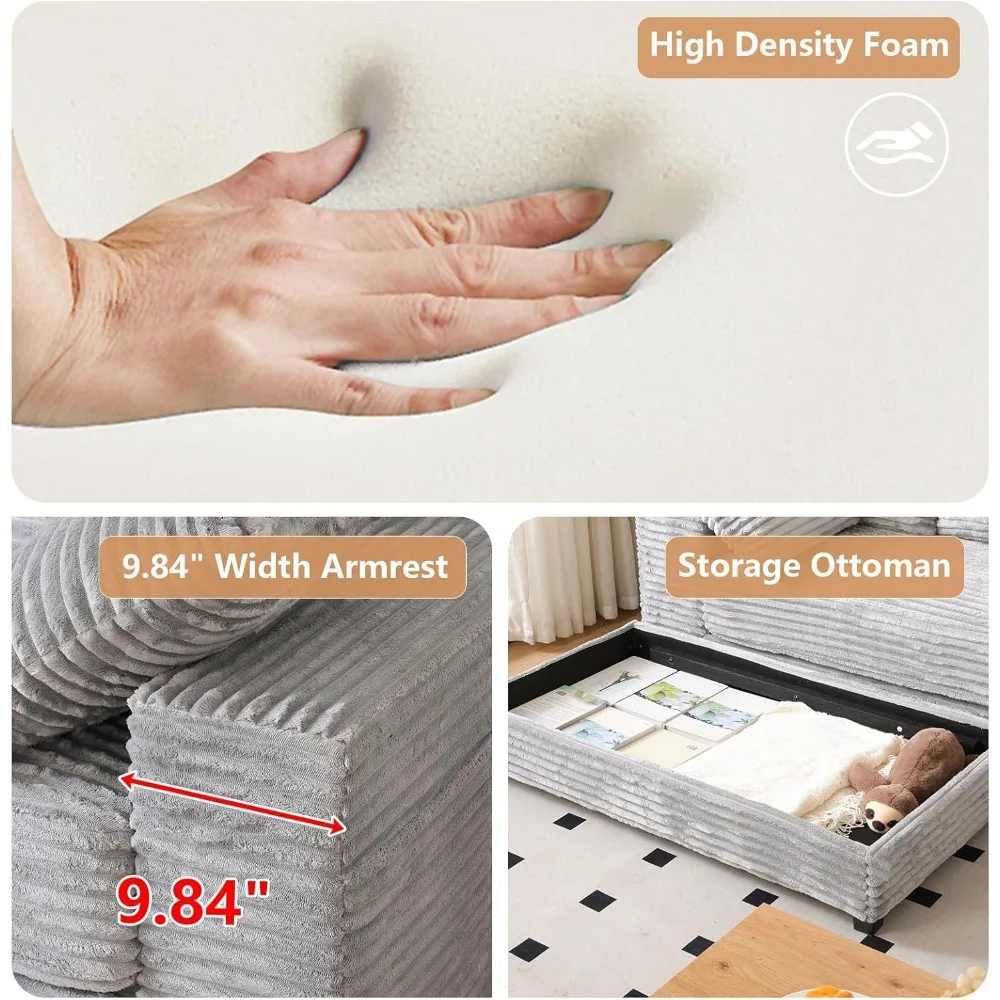 أريكة مقطعية حديثة على شكل حرف L بمقعد عميق مع مسند وتخزين، راحة 108.6 على شكل سحابة سروال قصير، تتضمن 8 وسائد