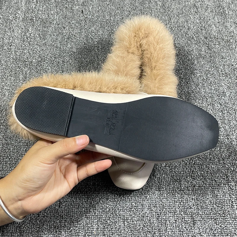 Flat Shoes women 2023 Fashion autumn and Winter Warm wear rabbit hair shoes Rabbit plush Fur Square Head Leather Shoe Girl size