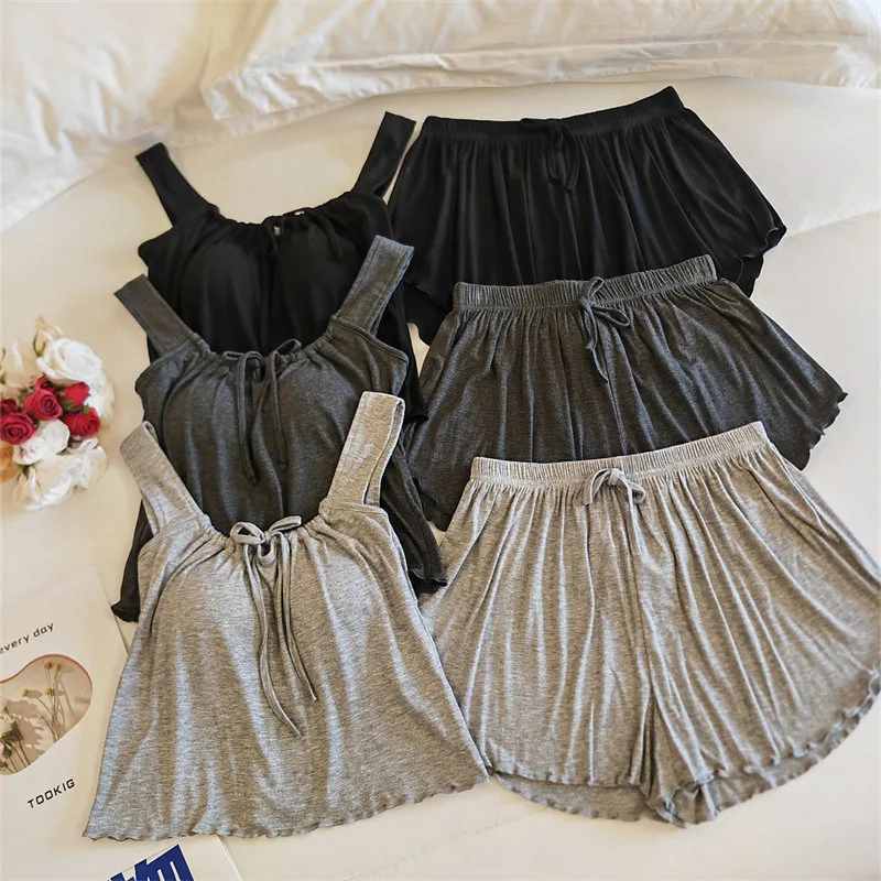 New Sexy Pyjama Woman Modal Chest Pad Summer Pajamas Sleeveless Vest Shorts House Wear Two-Piece Set Pijama Feminino Homewear