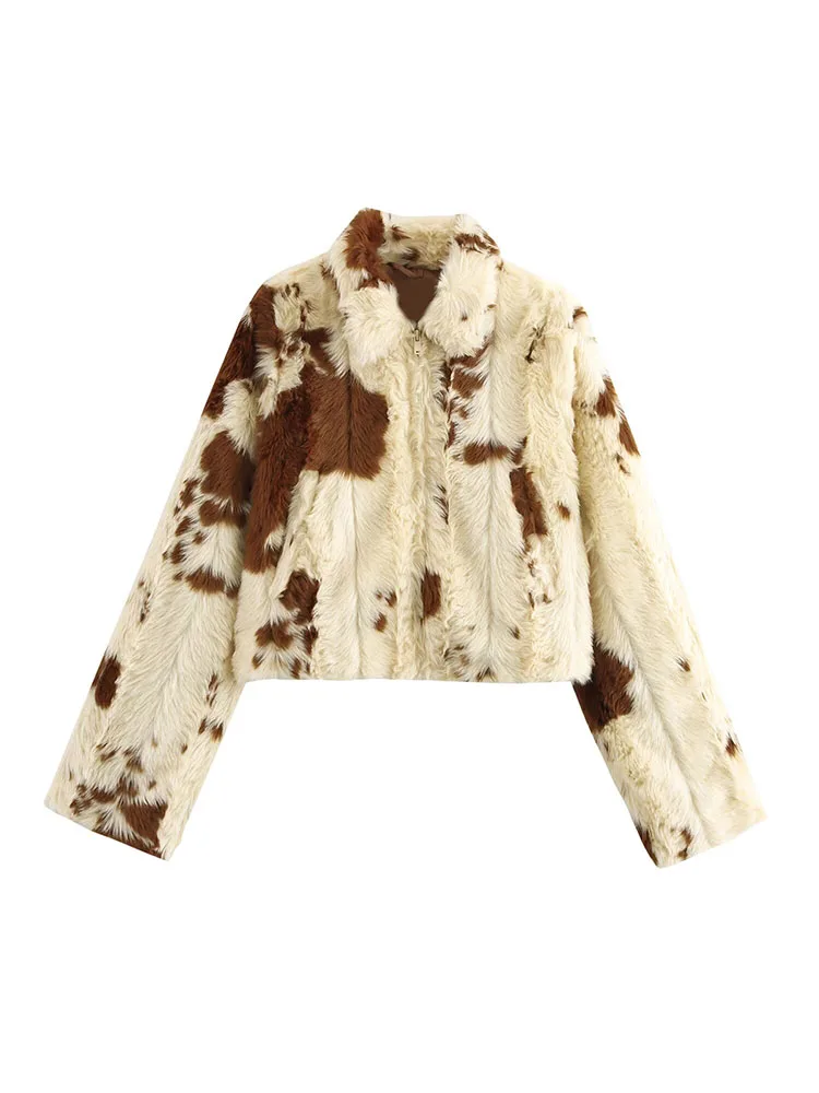 2024 autumn and winter new women's clothing animal print plush buttonless long-sleeved lapel knitted jacket