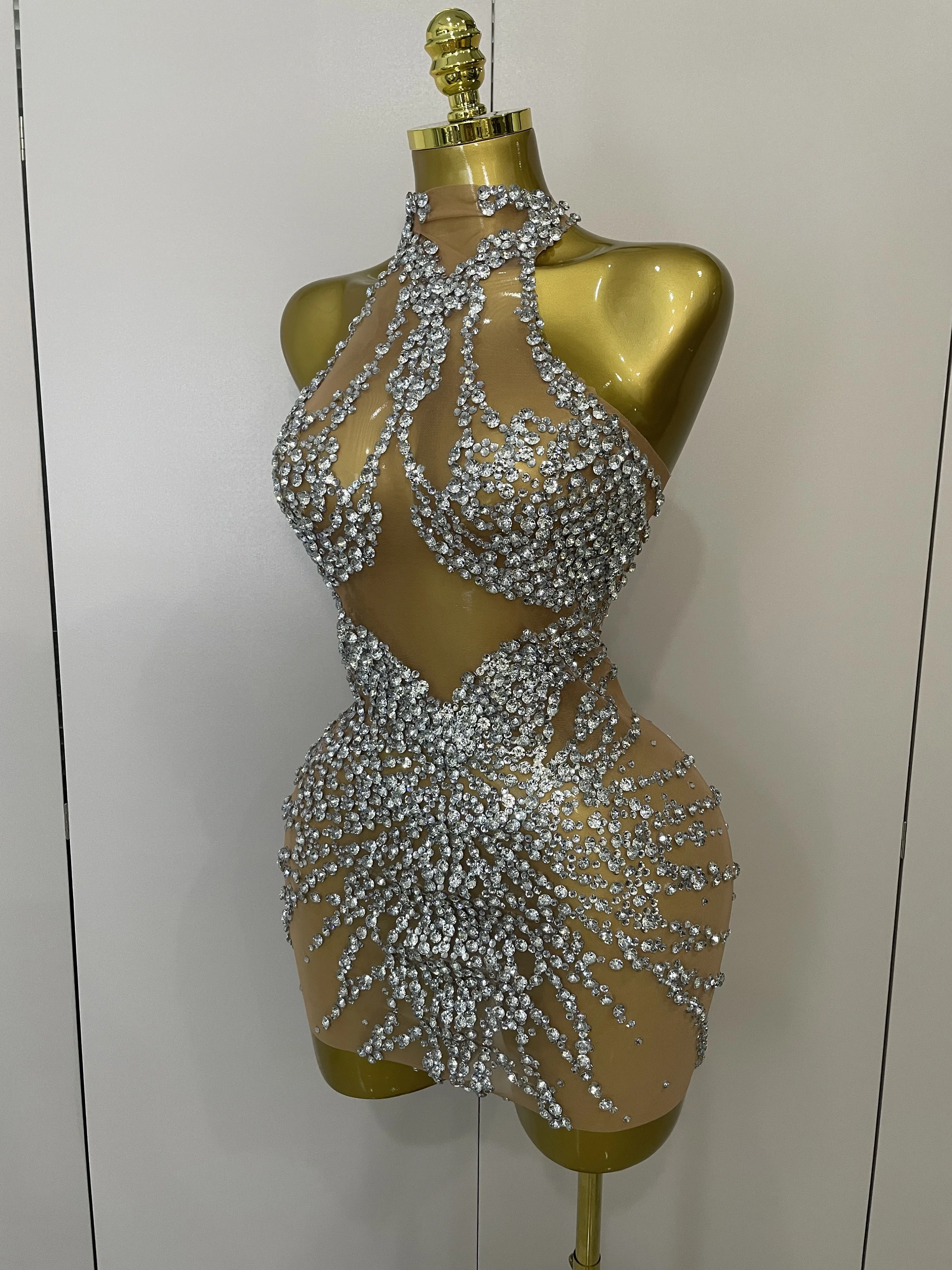 STOCK Sparkly Rhinestones Sexy Mesh See Through Dress Party Evening Prom Celebrate Birthday Dress Singer Dancer Show Stage Wear
