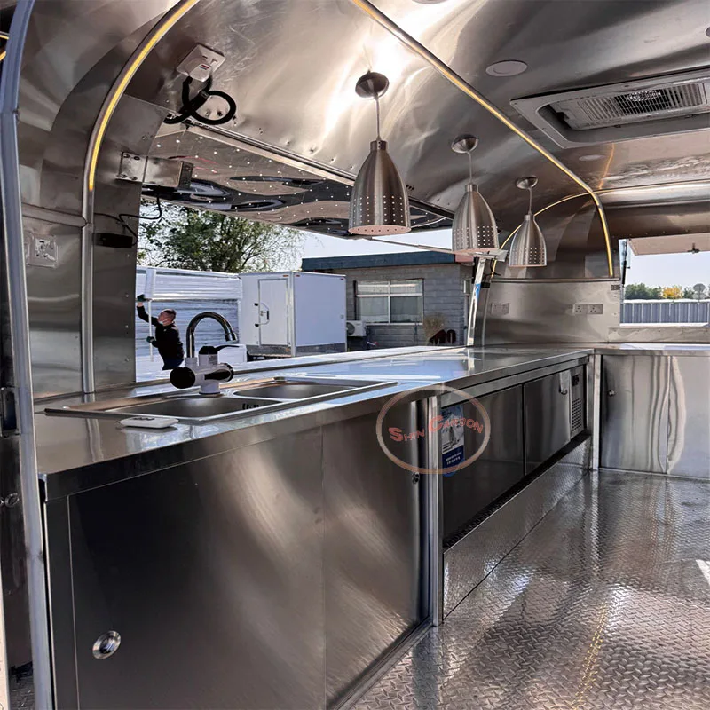 Outdoor Food Trailer Streamlined Rounded Shape Futuristic Stylish Design Mobile Kitchen Catering Truck