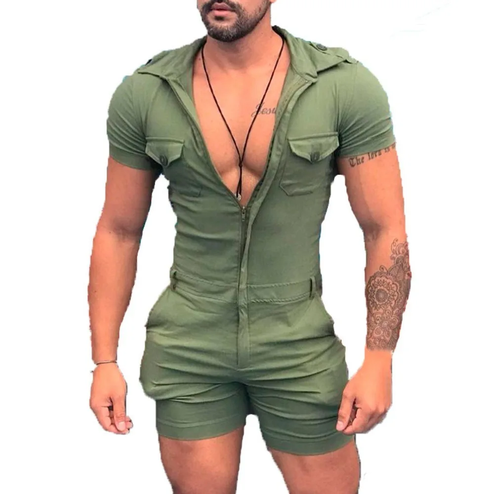 Men\'s Solid Color Hooded Bodysuit Zip Shorts One Piece Set