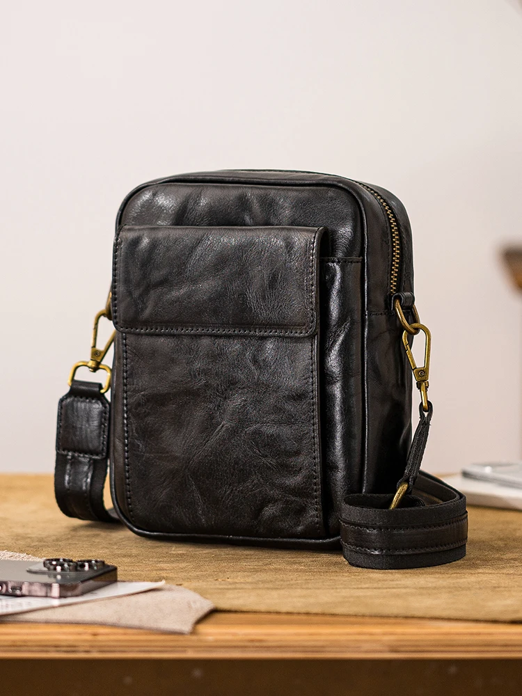 outdoor daily work high quality genuine leather men's small shoulder bag Casual luxury natural cow leather black crossbody bag