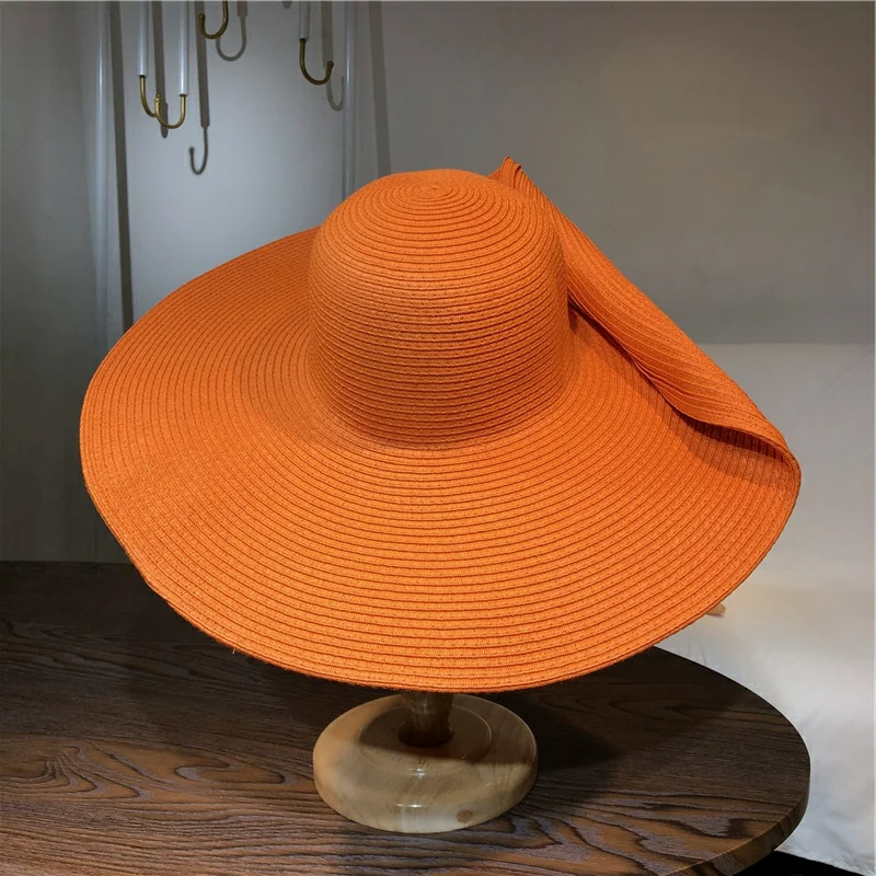 Orange straw hat 25cm super big brim hat Retail sun hat Ultra thin breathable summer sun hat straw hat Travel men and women