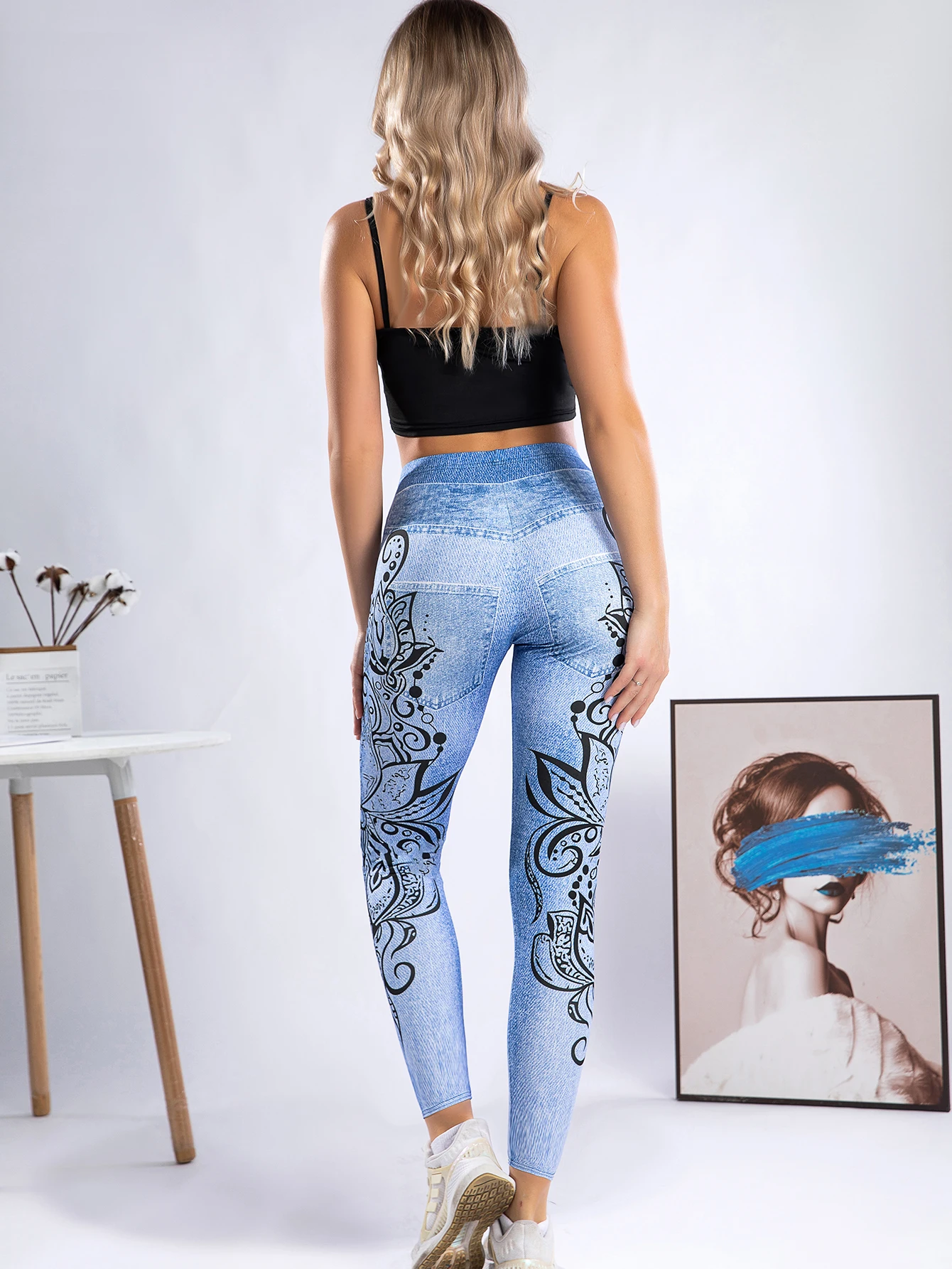 New High-waisted Imitation Denim Leggings Women Europe And America Sexy Tight Height Elastic Girdle Waist Small Feet Pants Women