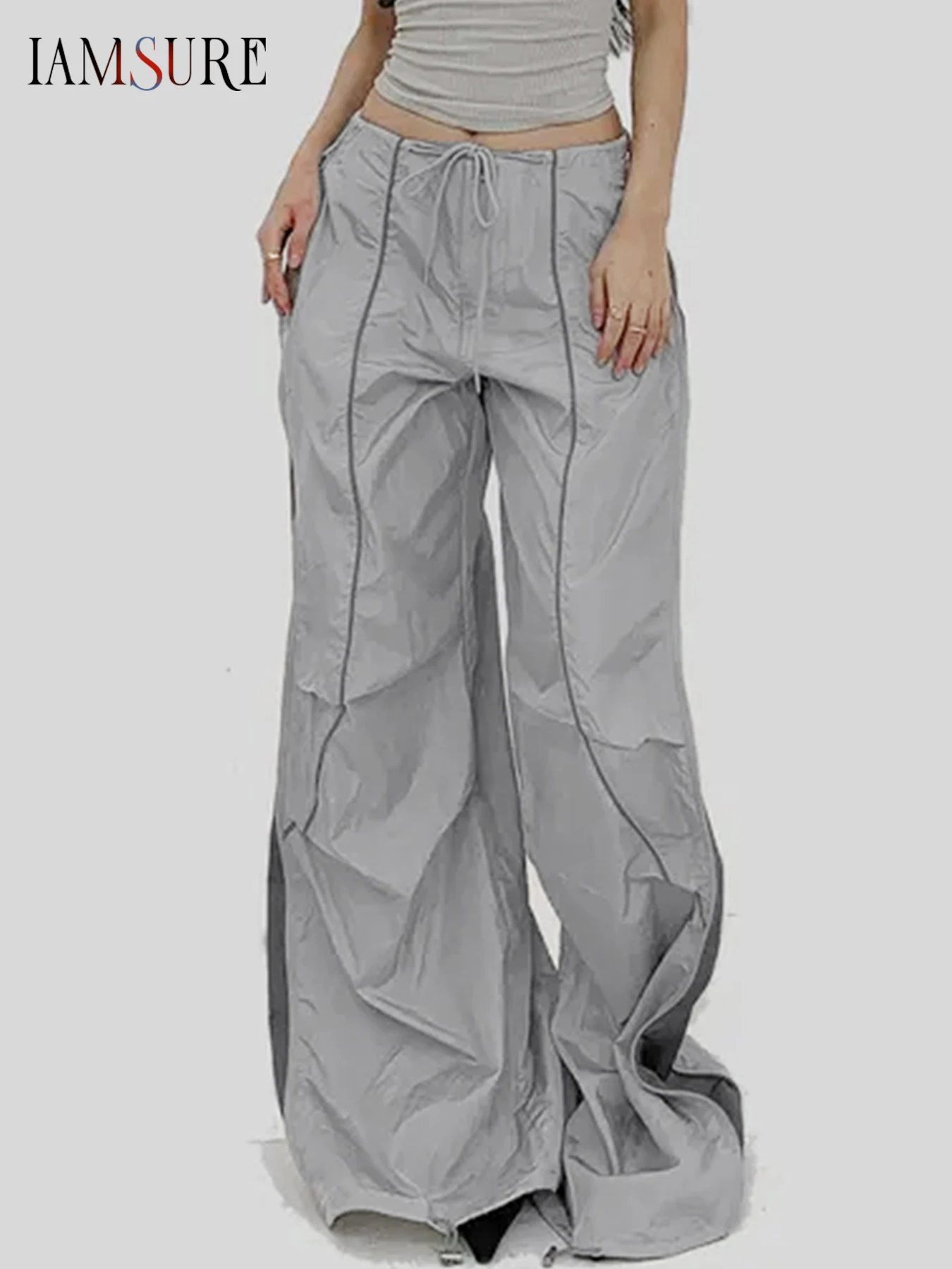 

IAMSURE Casual Contrast Color Wide Leg Pants Sporty Activewear Loose Patchwork Bandage Low-Waisted Capris Women 2025 Streetwear