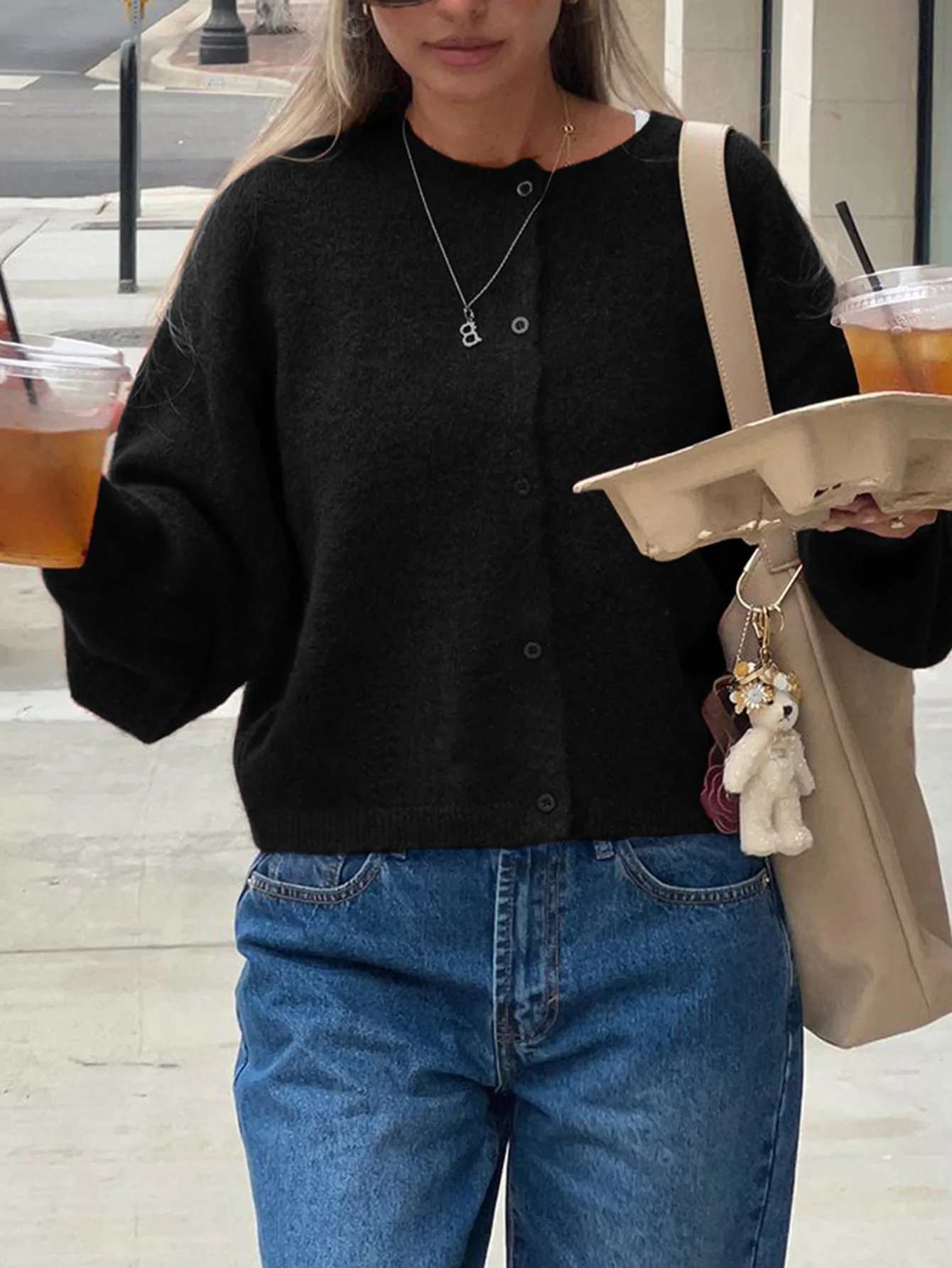 

New Autumn/Winter Fashion Casual Long Sleeve O-neck Single Breasted Solid Color Loose Fit Sweater For Women,4 Colors
