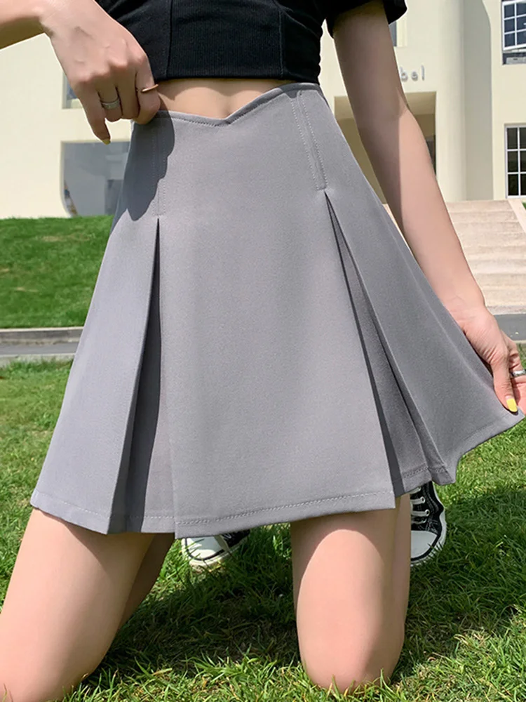 Solid Mini Skirts Women Summer 2023 Casual High Waist Female Gray Black Khaki Pleated Short Skirt Autumn