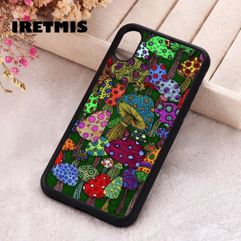 Iretmis Phone Cover Case For iPhone X XS Max XR 11 12 13 PRO MINI 14 15 16 Plus Rubber Rainbow Colourful Funky Mushrooms