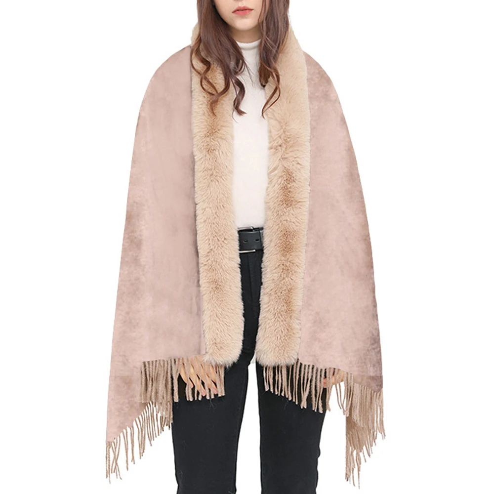 

Women's Scarf Winter Warm Double-sided Flannel Shawl With Fur Collar 185*75cm Faux Fox Fur Plush Scarves Wraps Cloak Long Cape