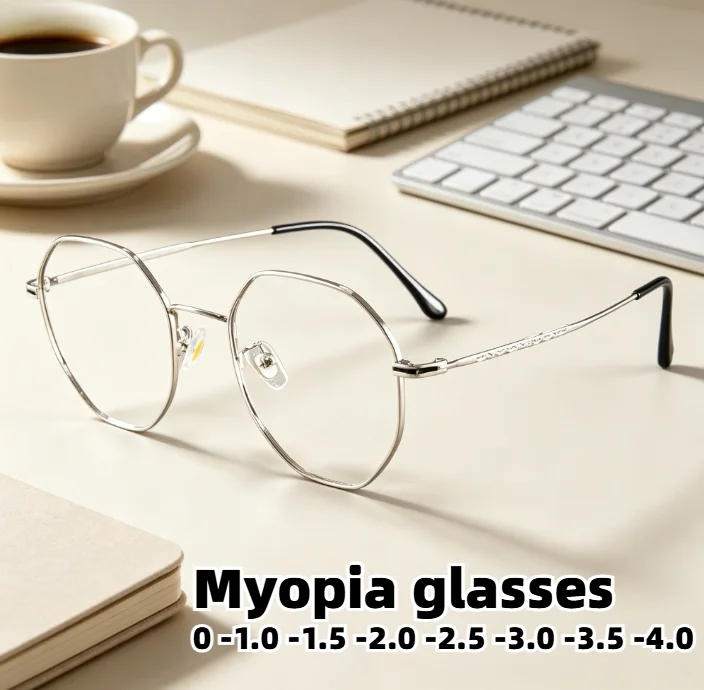 

Myopia Glasses Luxury Silver Metal Frame Octagonal Shape Anti Blue Light High End Eyeglasses for Men Women Diopters 0 To -4.0