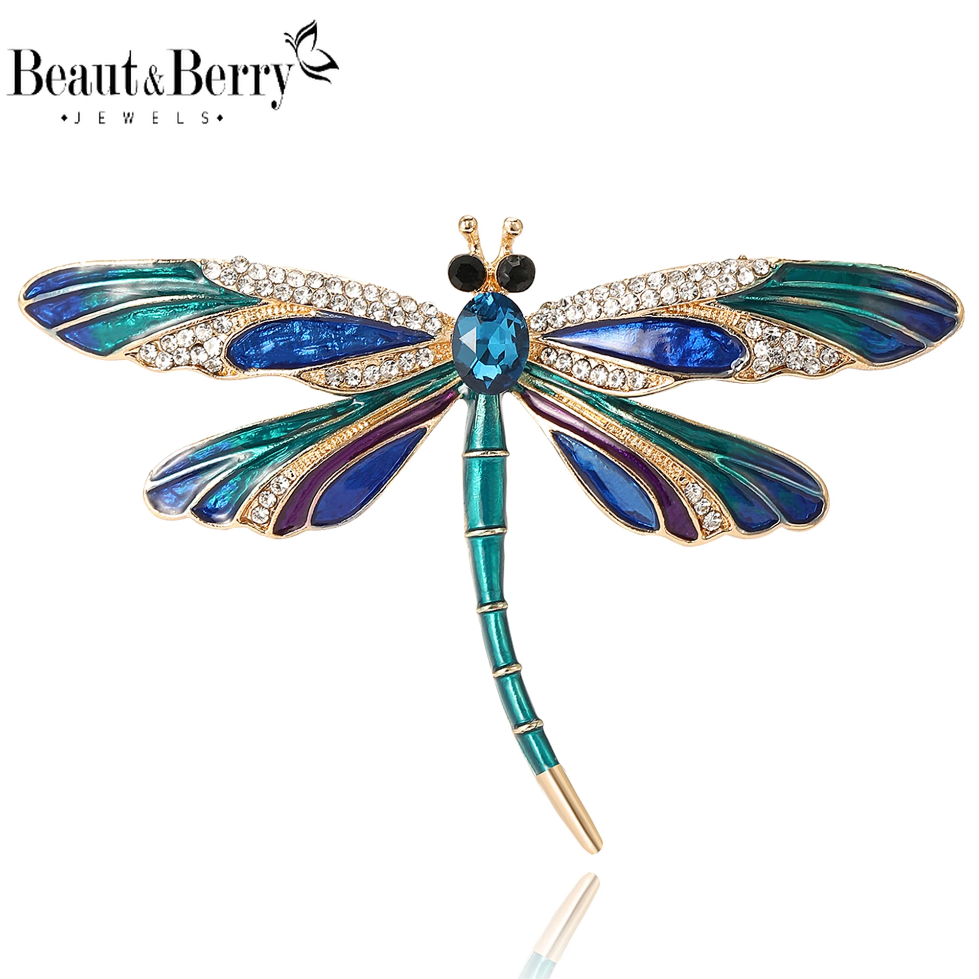 Beaut&Berry Enamel Rhinestone Dragonfly Brooches for Women Unisex Insect Pins Casual Party Accessories Gifts Friends Decoration